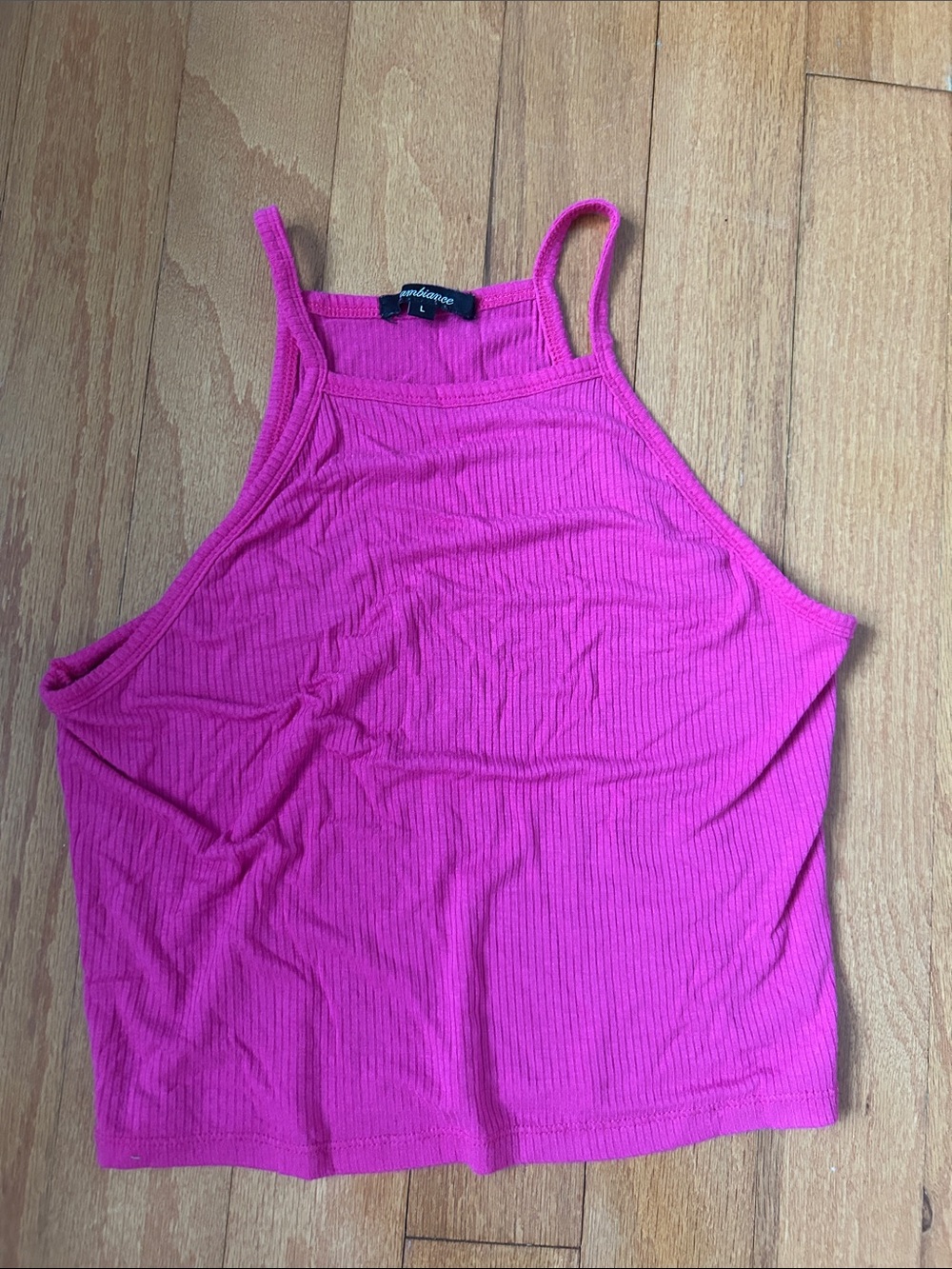 Ambiance Hot Pink Ribbed Cropped Halter Tank